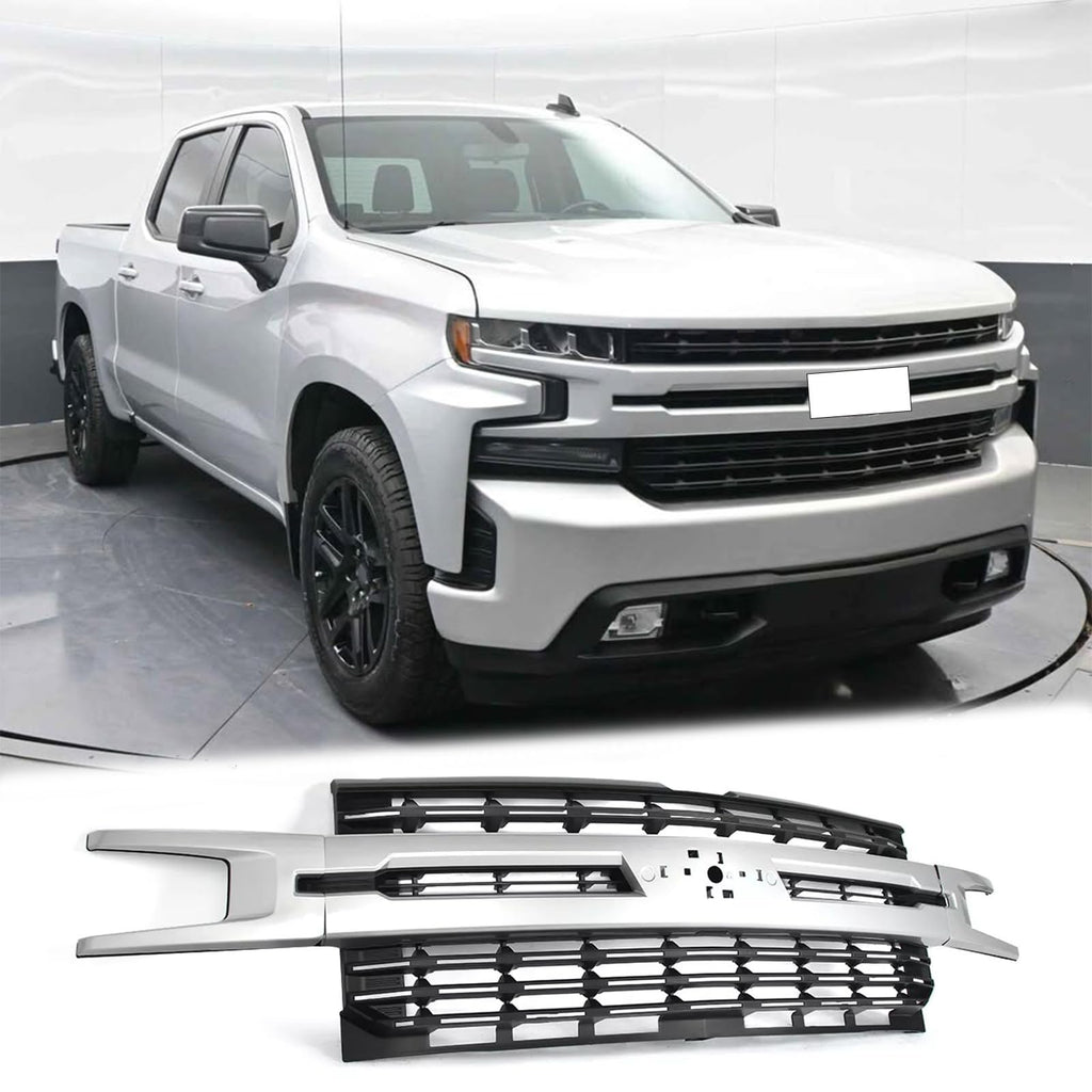 BUFEETERS Front Bumper Upper Grille Fit For 2019 2020 2021 Chevy Silverado 1500,Factory Style,WA636R Silver lce Metallic&Matte Black
