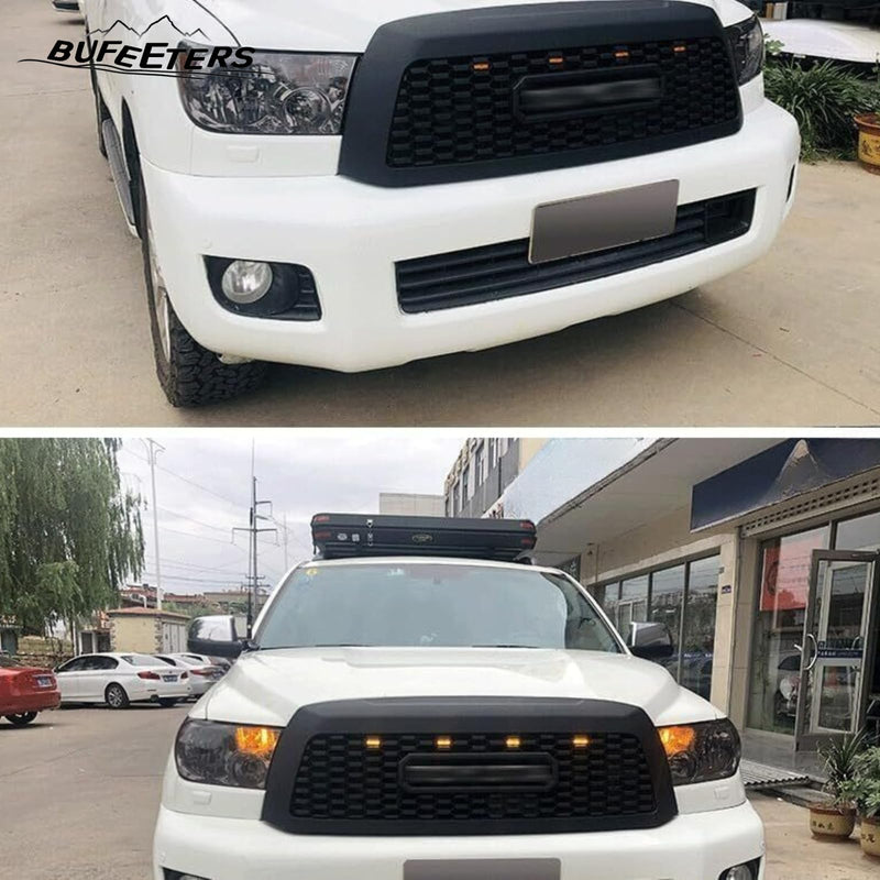 BUFEETERS Front Bumper Upper Grille w/LED Lights Fit For 2010 2011 2012 2013 2014 2015 2016 2017 2018 Toyota Sequoia,Mesh Style,Matte Black