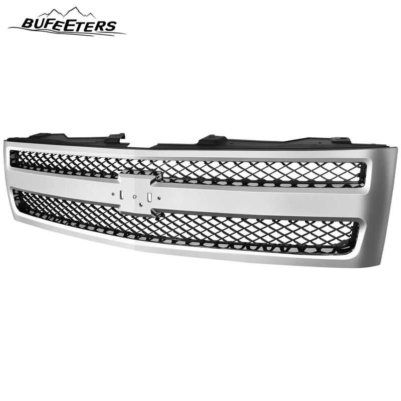 BUFEETERS Front Upper Grille Fit For 2007 2008 2009 2010 2011 2012 2013 Chevrolet Silverado 1500,Mesh insert Style,Chrome&Black