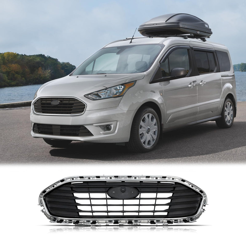 BUFEETERS Front Upper Grille W/ Chrome Molding Trim Fit For 2019 2020 2021 2022 2023 Ford Transit Connect,Mesh Style,Chrome&Black