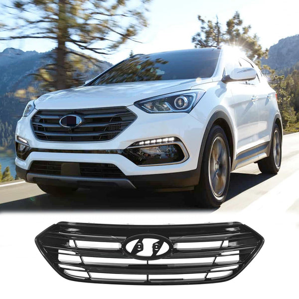 BUFEETERS    Front Bumper Grille W/o Camera Hole Fit For 2017 2018 Hyundai Santa Fe Sport,Horizontal Billet Style,Gloss Black