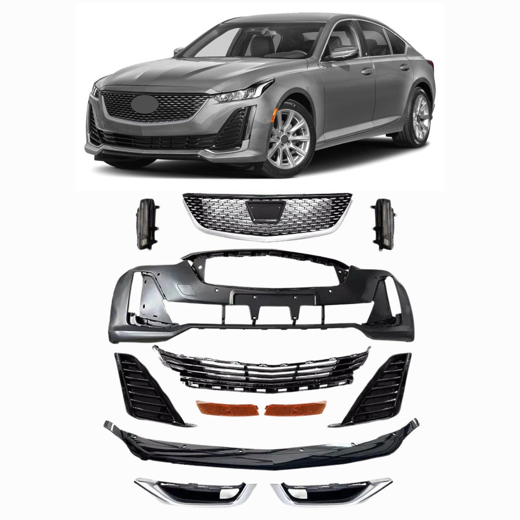 BUFEETERS  12Pcs New Complete Front Bumper Grille W/Running Light Set Fit For 2020 2021 2022 2023 2024 Cadillac CT5,Factory Style,Chrome&Black