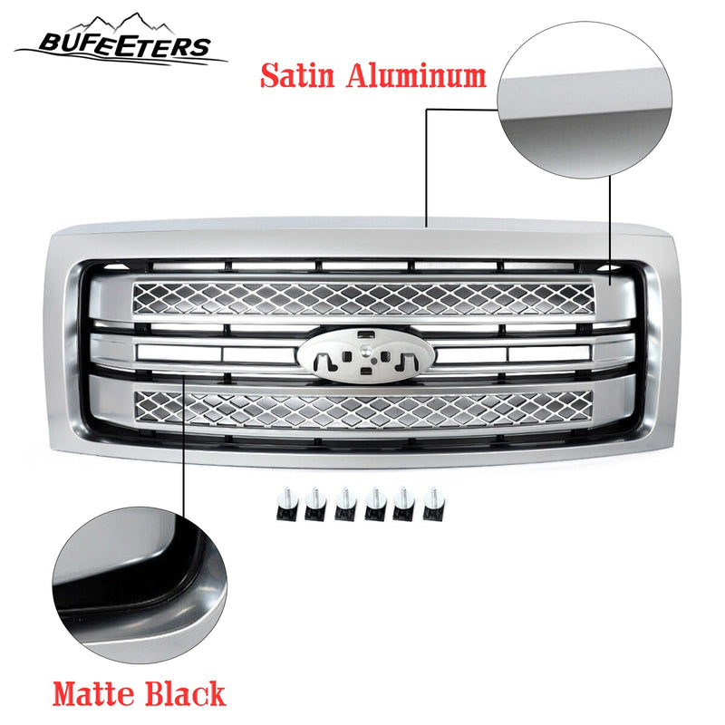 BUFEETERS Front Bumper Upper Grille Fit For 2009 2010 2011 2012 2013 2014 Ford F150 F-150,Factory Platinum Style,Satin Aluminum&Matte Black