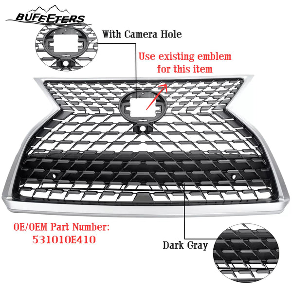 BUFEETERS  Front Upper Grille With Camera Hole Fit For 2020 2021 2022 Lexus RX350 RX450h RX350L RX450hL,Honeycomb insert Style,Chrome Shell with Painted Dark Gray Insert