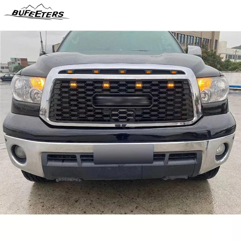 BUFEETERS Front Bumper Grille Hood Grill w/LED Amber Lights Fit For 2010 2011 2012 2013 Toyota Tundra,Mesh Style,Black