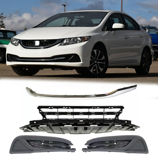 BUFEETERS  Front Bumper Grille + Molding + Fog Light Covers Fit For 2013 2014 2015 Honda Civic Sedan,Factory Style,Chrome&Black