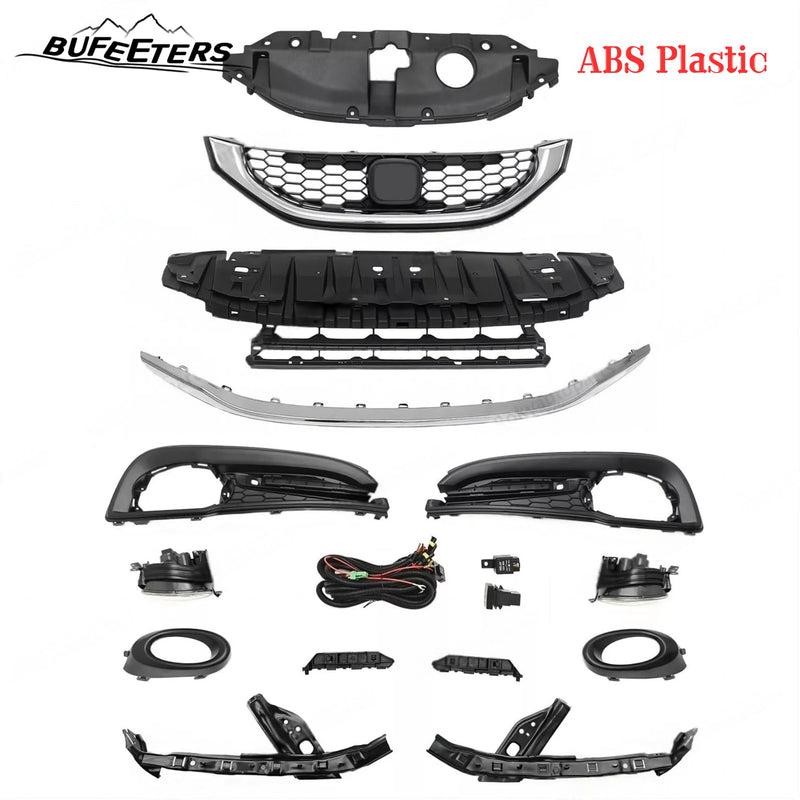 BUFEETERS  14PCS Front Bumper Upper Lower Grille Fog lights Bezel Fit For 2013 2014 2015 Honda Civic Sedan,Honeycomb Style,Chrome&Black