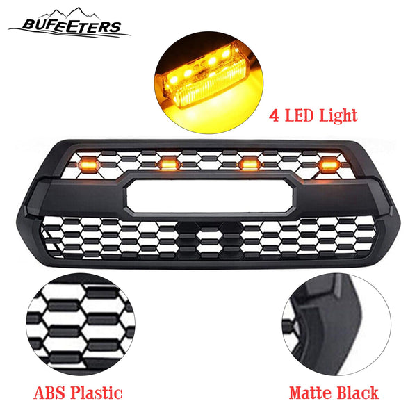 BUFEETERS   Front Bumper Grille With Accessories&4 LED Fit For 2016 2017 2018 2019 2020 2021 2022 2023 Toyota Tacoma,Mesh Style,Matte Black