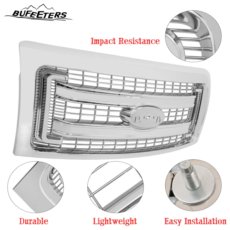 BUFEETERS  Front Bumper Grille Fit For 2009 2010 2011 2012 2013 2014 Ford F150 F-150,Horizontal Billet Style,Chrome&Silver