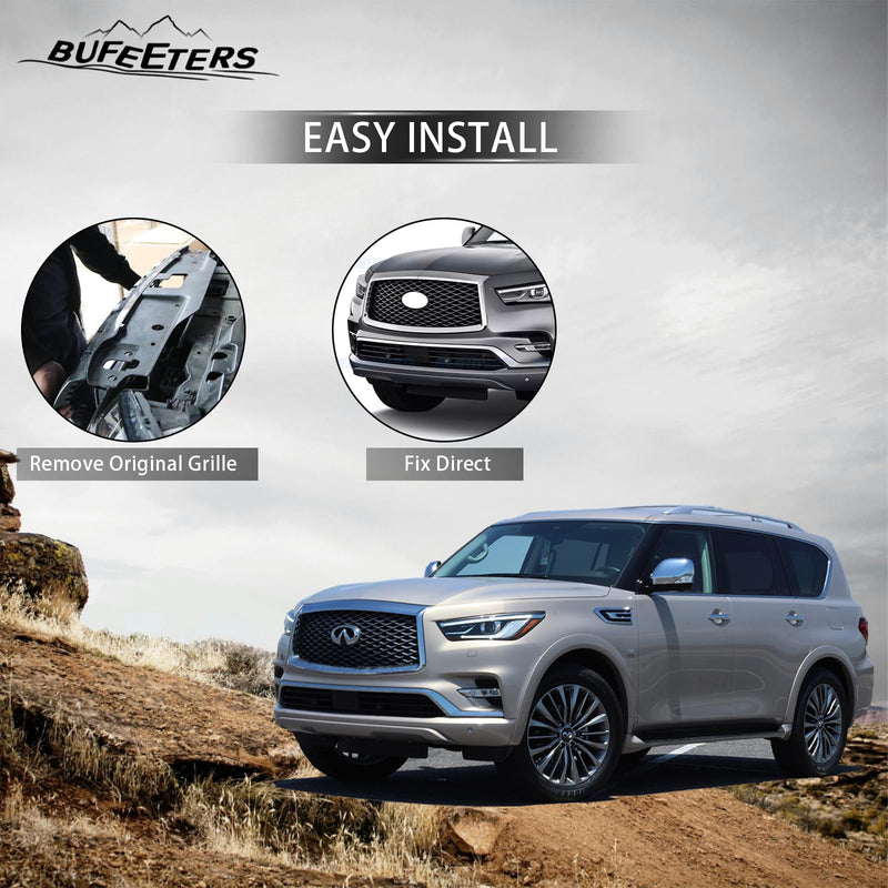 BUFEETERS  Front Upper Grille Assembly W/ Camera Hole Fit For 2018 2019 2020 2021 Infiniti QX80,Honeycomb  
 Style,Chrome&Black