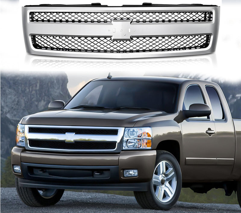 BUFEETERS Front Upper Grille Fit For 2007 2008 2009 2010 2011 2012 2013 Chevrolet Silverado 1500,Mesh insert Style,Chrome&Black