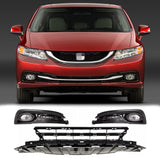 BUFEETERS  5PCS Front Lower Grille & Fog Light Assembly Fit For 2013 2014 2015 Honda Civic Sedan,Mesh Style,Black