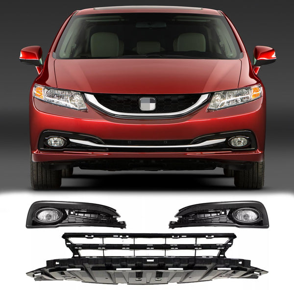 BUFEETERS  5PCS Front Lower Grille & Fog Light Assembly Fit For 2013 2014 2015 Honda Civic Sedan,Mesh Style,Black