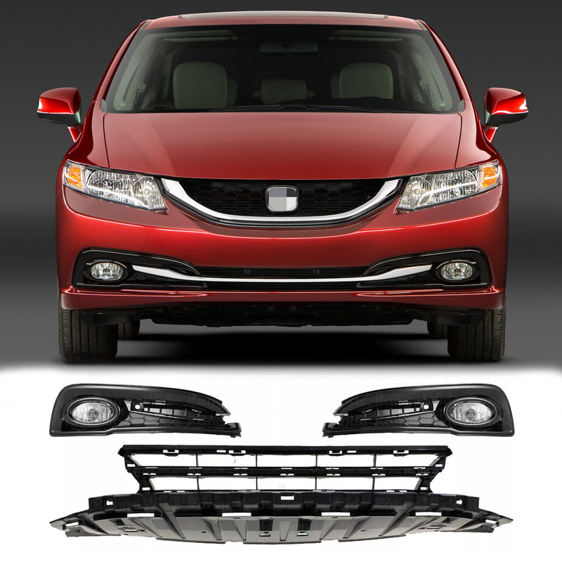 BUFEETERS  5PCS Front Lower Grille & Fog Light Assembly Fit For 2013 2014 2015 Honda Civic Sedan,Mesh Style,Black