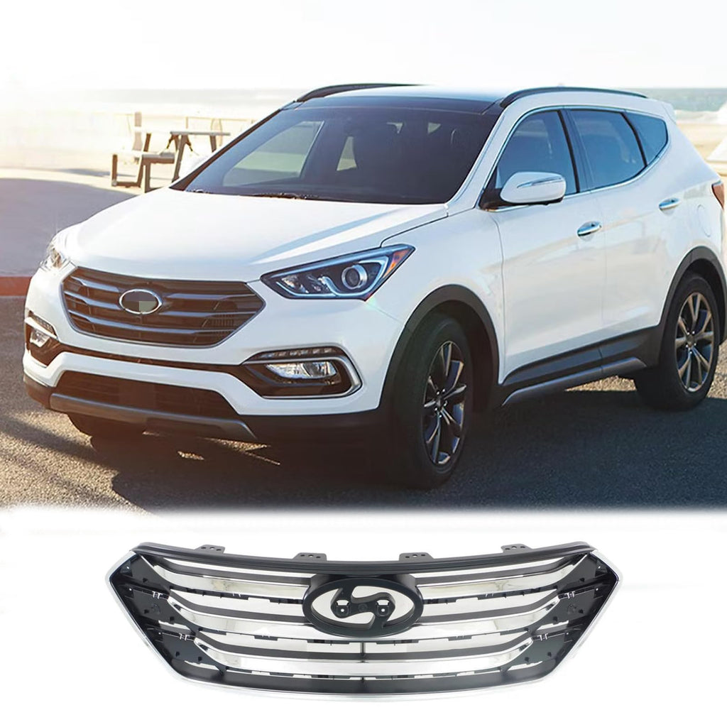 BUFEETERS    Front Bumper Upper Grille Fit For 2013 2014 2015 2016 Hyundai Santa Fe Sport,Chrome&Black