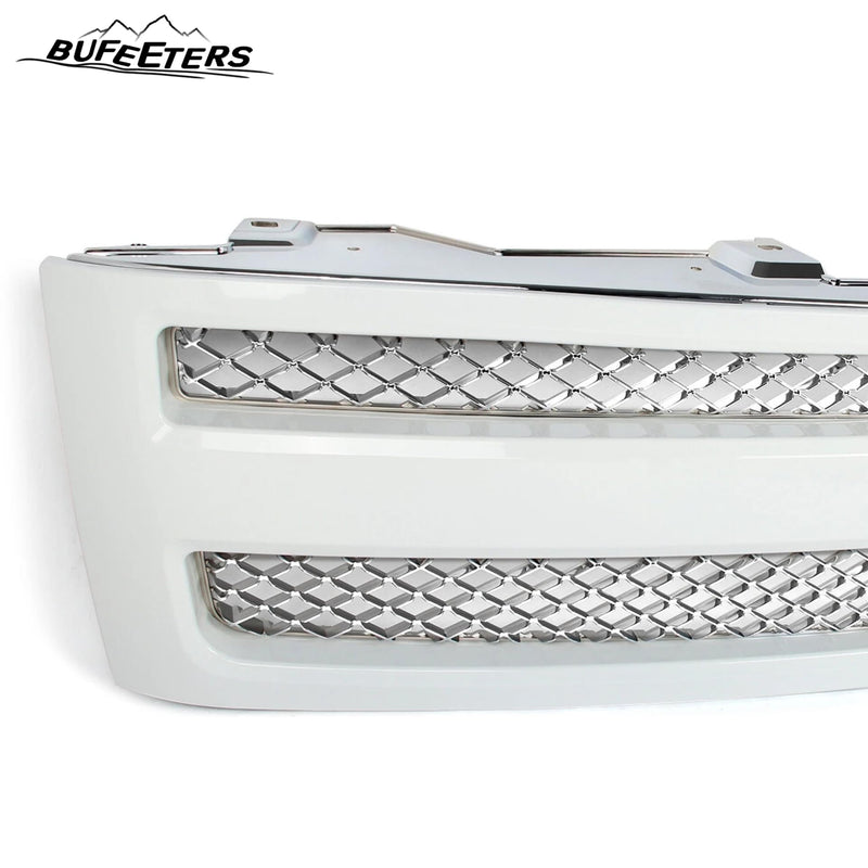 BUFEETERS Front Bumper Upper Grille Fit For 2007 2008 2009 2010 2011 2012 2013 Chevy Silverado 1500,Mesh Insert Style,Summit White Shell&Chrome