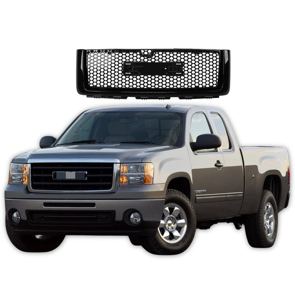 BUFEETERS Front Bumper Upper Grille Fit For 2007 2008 2009 2010 2011 2012 2013 GMC Sierra 1500,Denali Style,Gloss Black