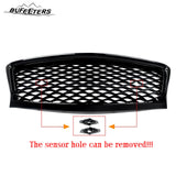 BUFEETERS   Front Bumper Upper Grille Fit For 2018 2019 2020 2021 2022 INFINITI Q50 Q50S W/Sensor Holes,Honeycomb Style,Gloss Black