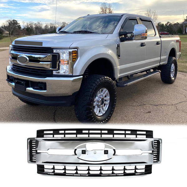BUFEETERS Front Bumper Upper Grille Fit For 2017 2018 2019 F-250 F-350 F-450 F-550 Super Duty,XL Style,Chrome&Black