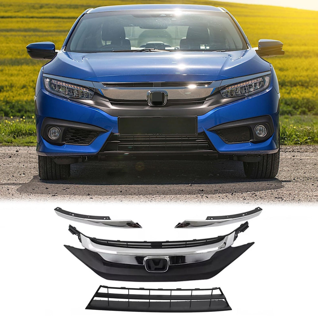 BUFEETERS  Front Bumper Upper Lower Grille Grill w/ Chrome Eyelid Molding Fit For 2016 2017 2018 Honda Civic Sedan,Factory Style,Chrome&Black