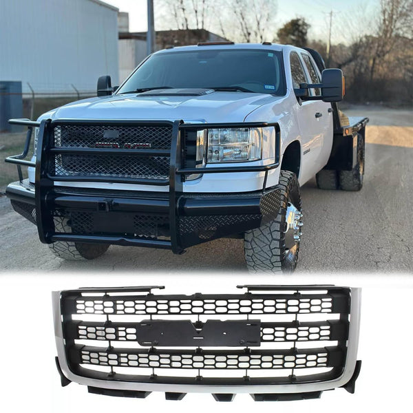 BUFEETERS  Front Bumper Upper Grille Chrome with Textured Black Fit For 2011 2012 2013 2014 GMC Sierra 2500 HD Sierra 3500 HD