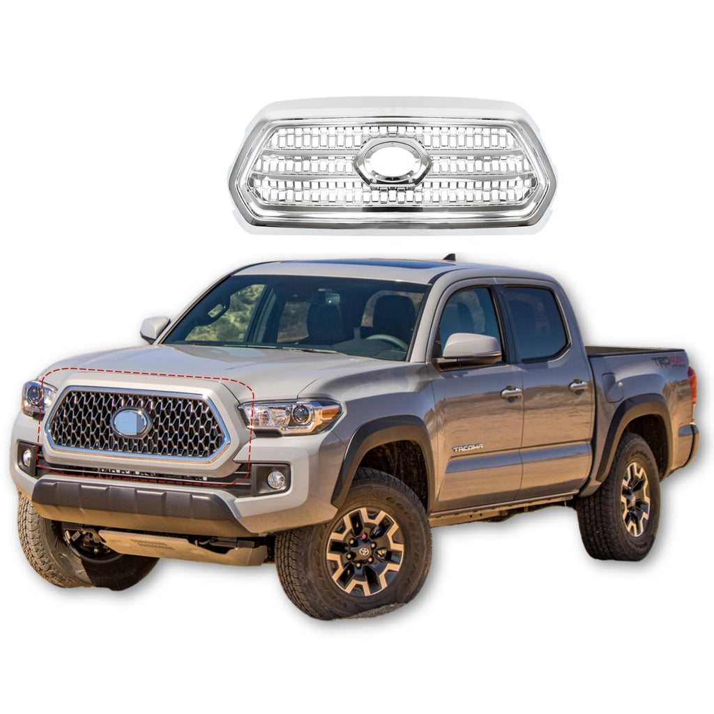 BUFEETERS Front Bumper Upper Chrome Grille Assembly Fit For 2016 2017 2018 2019 2020 2021 2022 Toyota Tacoma,Mesh Style,Chrome&Silver