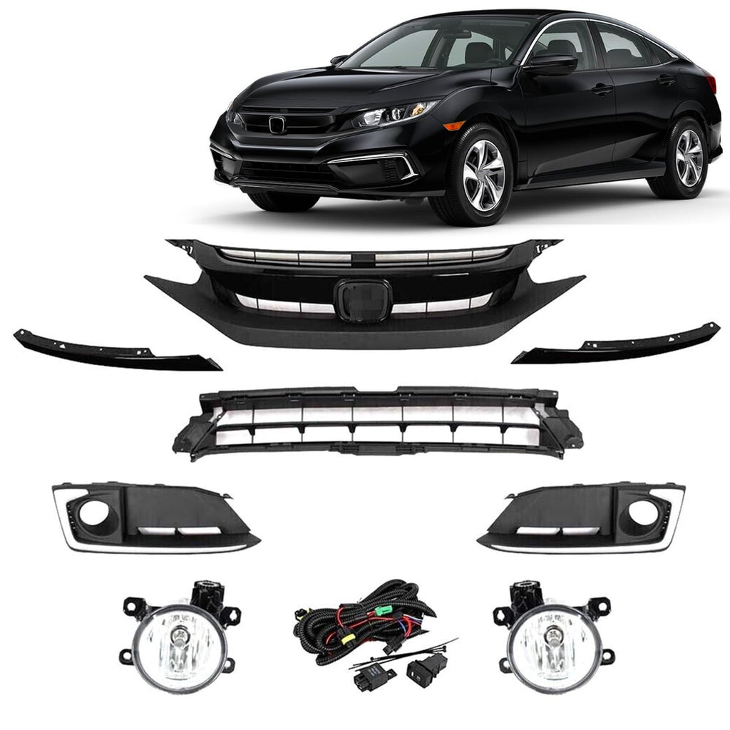 BUFEETERS 8PCS Front Upper Lower Grille/Fog Lights Set Fit For 2019 2020 2021 Honda Civic Sedan,Factory Style,Gloss Black