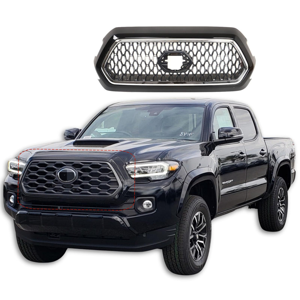 BUFEETERS Front Bumper Grille Dark Gray With Chrome Trim Fit For 2019 2020 2021 Toyota Tacoma TRD, Honeycomb Style, Dark Gray & Chrome
