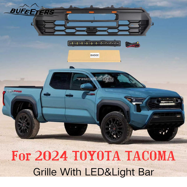 BUFEETERS Black Front Bumper Grille Grill With LED&Light bar Fit For 2024 TOYOTA TACOMA,Mesh Style,Matte Black