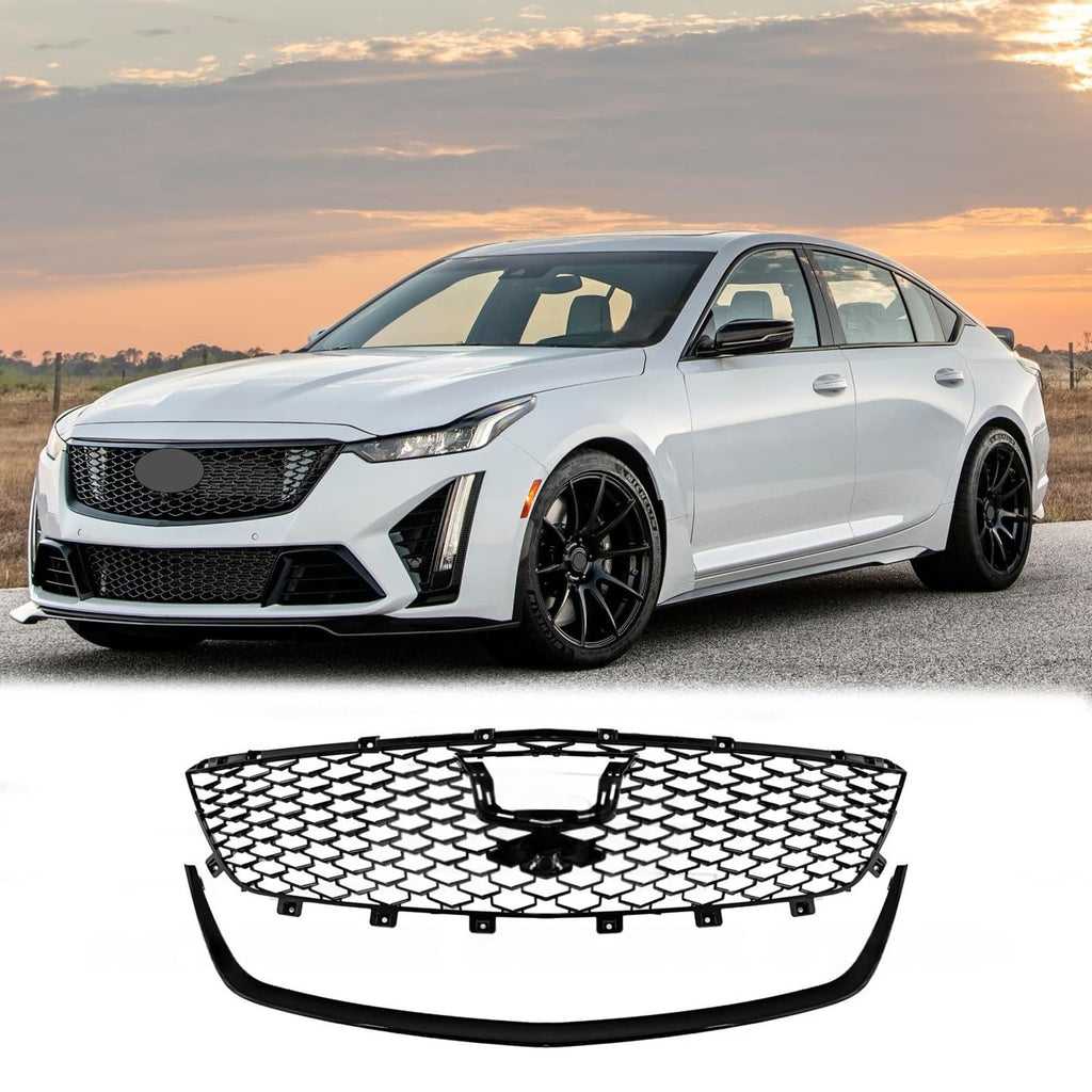 BUFEETERS  Front Bumper Upper Grille Fit For 2020 2021 2022 2023 2024 Cadillac CT5,CT5-V Blackwing Style,Gloss Black
