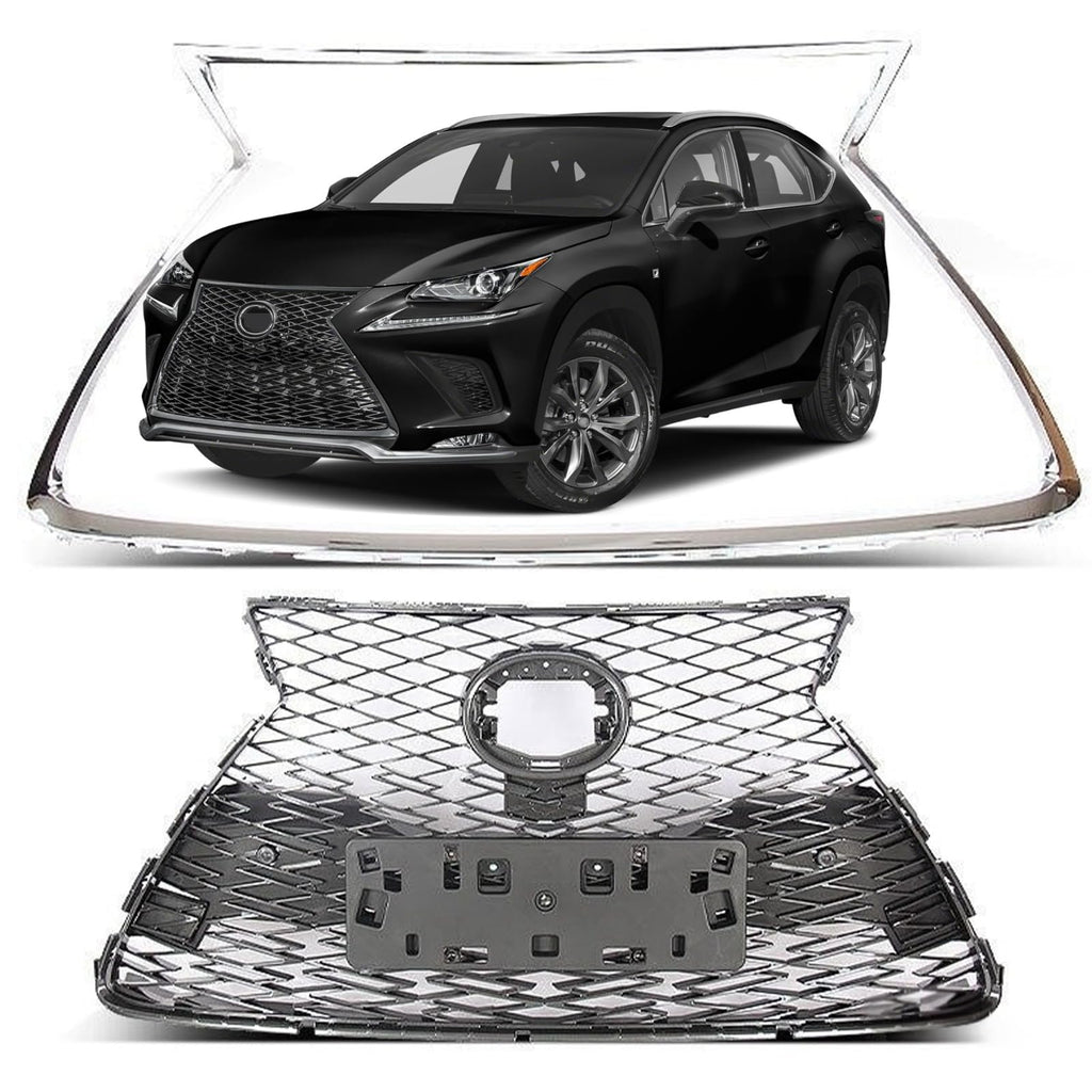 BUFEETERS  Front Bumper Grille Grey With Chrome Trim Surround Fit For 2018 2019 2020 2021 Lexus NX300 F Sport,OE Style,Chrome&Grey