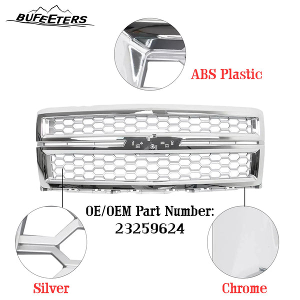 BUFEETERS Front Bumper Upper Grille Fit For 2014 2015 Chevy Silverado 1500,Honeycomb Style,Chrome&Silver
