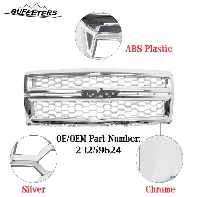 BUFEETERS Front Bumper Upper Grille Fit For 2014 2015 Chevy Silverado 1500,Honeycomb Style,Chrome&Silver