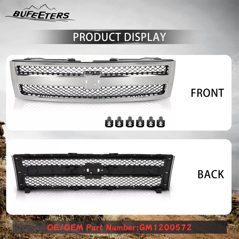 BUFEETERS Front Upper Chrome Grille w/ Black Insert Fit For 2007 2008 2009 2010 2011 2012 2013 Chevy Silverado 1500,Mesh Insert Style,Chrome&Black