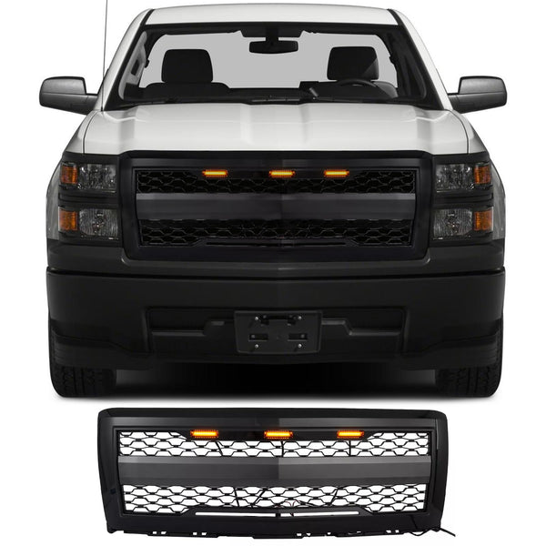 BUFEETERS Front Bumper Hood Upper Grille w/Light Fit For 2014 2015 Chevy Silverado 1500,Honeycomb Style,Gloss Black