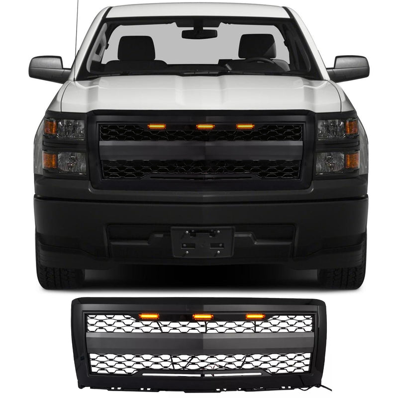 BUFEETERS Front Bumper Hood Upper Grille w/Light Fit For 2014 2015 Chevy Silverado 1500,Honeycomb Style,Gloss Black