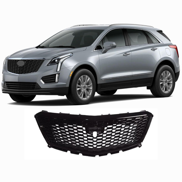 BUFEETERS   Front Bumper Upper Grille W/Camera Hole Fit For 2017 2018 2019 2020 2021 Cadillac XT5,Diamond Style,Gloss Black
