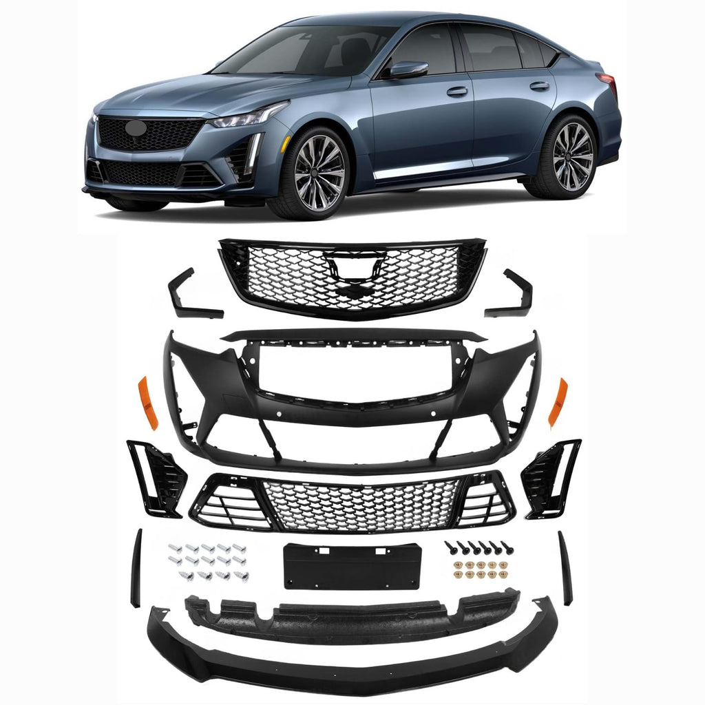 BUFEETERS Front Bumper Cover Grille Molding Trim Lip Fog Light Bezel Facelift Set Fit For 2020 2021 2022 2023 2024 Cadillac CT5,Blackwing Style,Black