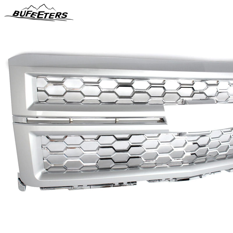 BUFEETERS Front Bumper Upper Grille Fit For 2014 2015 Chevy Silverado 1500,Honeycomb Style,Silver Ice Metallic&Chrome