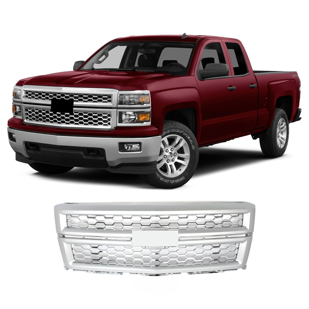 BUFEETERS Front Bumper Upper Grille Fit For 2014 2015 Chevy Silverado 1500,Honeycomb Style,Silver Ice Metallic&Chrome
