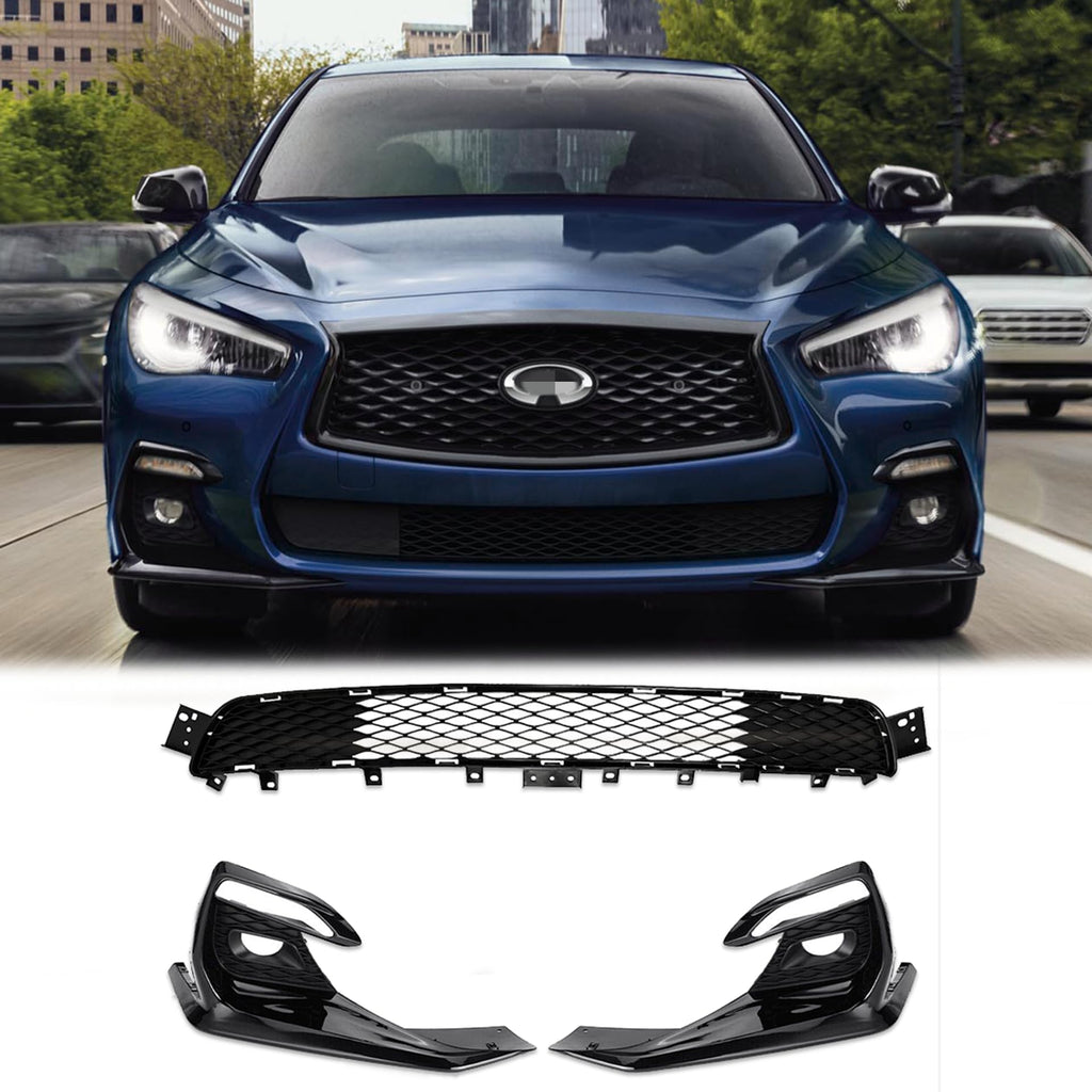 BUFEETERS   Front Bumper Lower Grille W/ Fog Light Covers Fit For 2018 2019 2020 2021 2022 INFINITI Q50 Sport,Mesh Style,Black