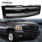 BUFEETERS Front Upper Grille Fit For 2007 2008 2009 2010 2011 2012 2013 Chevrolet Silverado 1500,Mesh insert Style,Gloss Black Shell w/ Black Insert