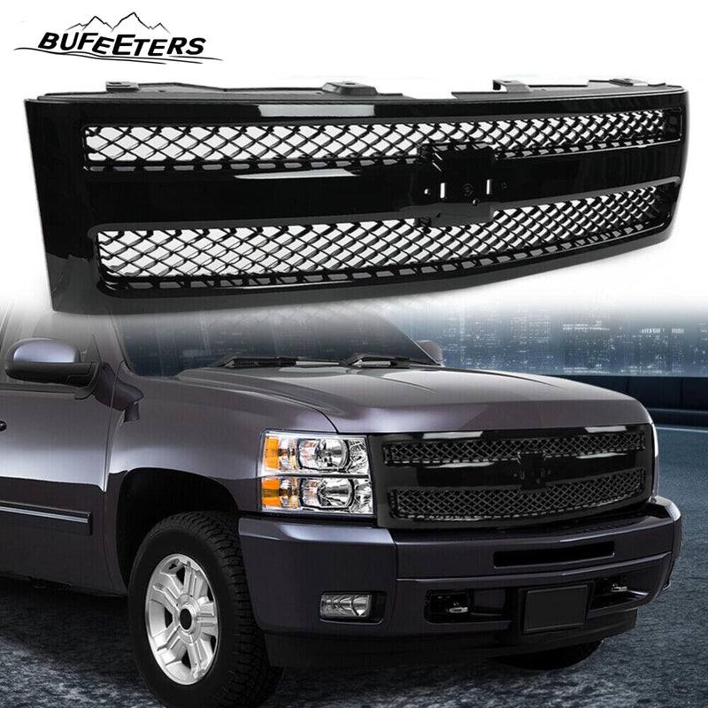 BUFEETERS Front Upper Grille Fit For 2007 2008 2009 2010 2011 2012 2013 Chevrolet Silverado 1500,Mesh insert Style,Gloss Black Shell w/ Black Insert