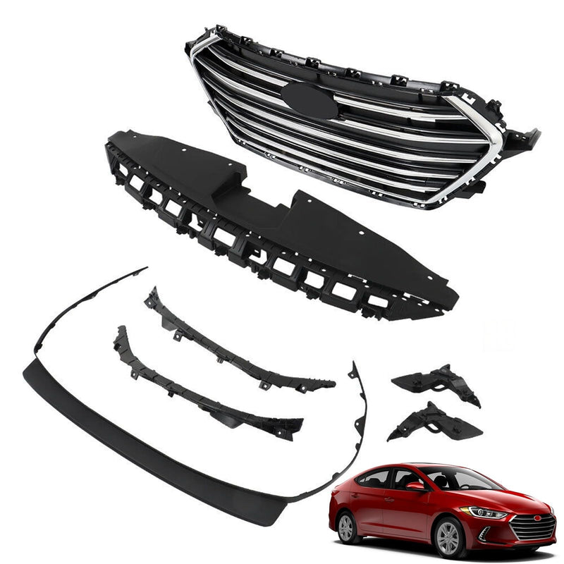 BUFEETERS    7PCS Front Bumper Grille+Radiator Cover+Bumper Lid+4 Brackets Fit For 2017 2018 Hyundai Elantra,Mesh Style,Chrome&Black