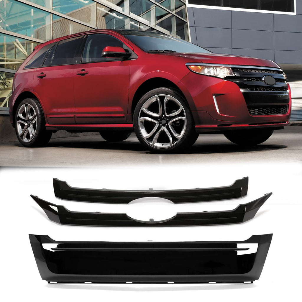 BUFEETERS  3PCS Front Upper & Center & Lower Grille Trim Fit For 2011 2012 2013 2014 Ford Edge,Factory Style,Gloss Black