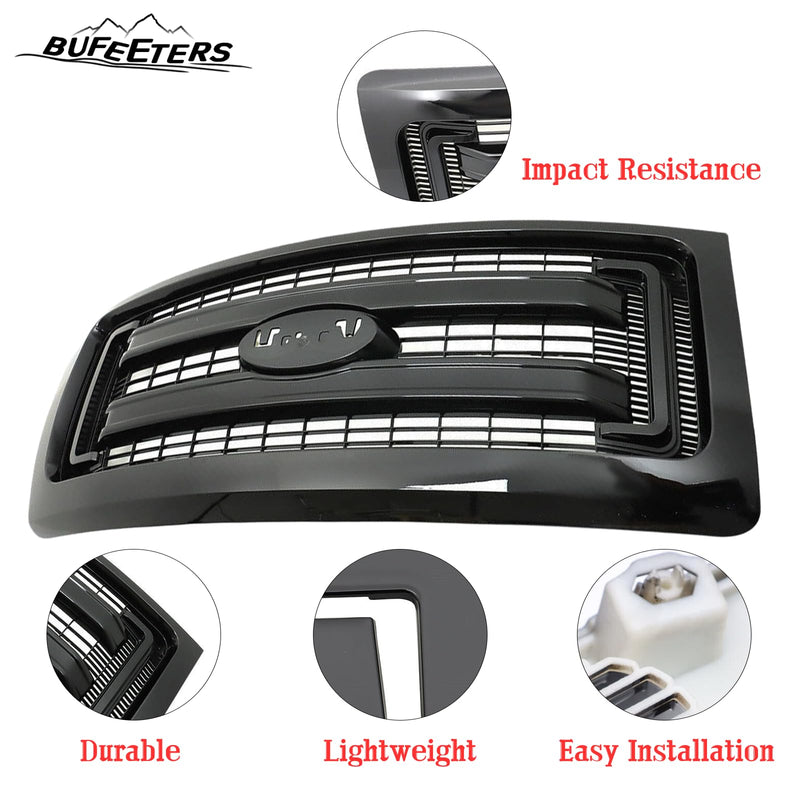 BUFEETERS  Front Upper Grille Fit For 2009 2010 2011 2012 2013 2014 Ford F150 F-150,XLT Style,Gloss Black