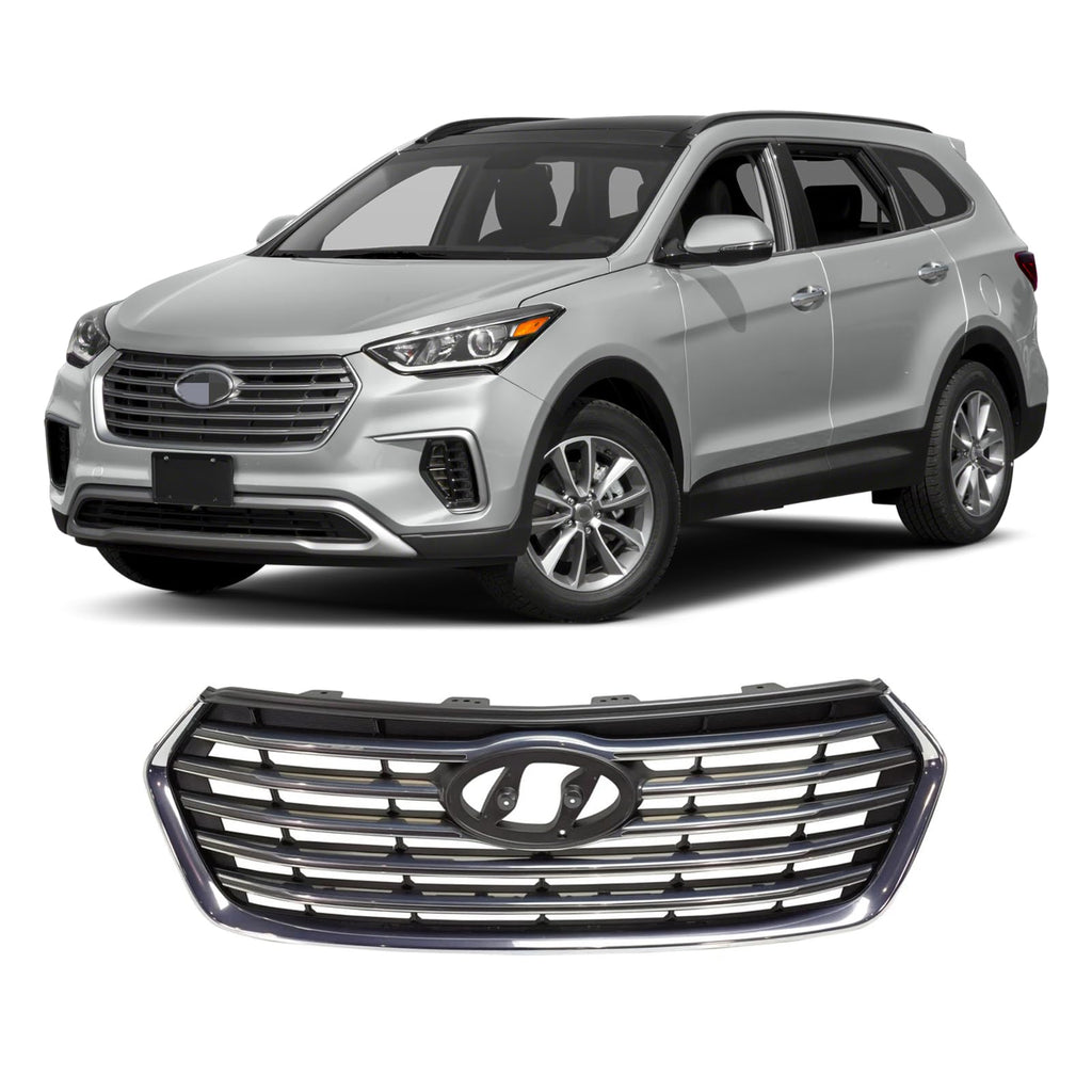 BUFEETERS    Front Bumper Grille W/o Camera Hole Fit For 2017 2018 2019 Hyundai Santa Fe XL,Horizontal Billet Style,Chrome&Gray