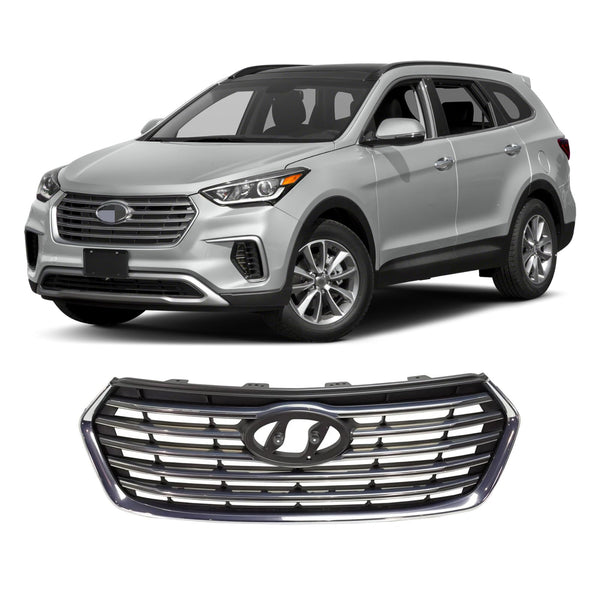 BUFEETERS    Front Bumper Grille W/o Camera Hole Fit For 2017 2018 2019 Hyundai Santa Fe XL,Horizontal Billet Style,Painted Gray Shell Insert W/Chrome Molding