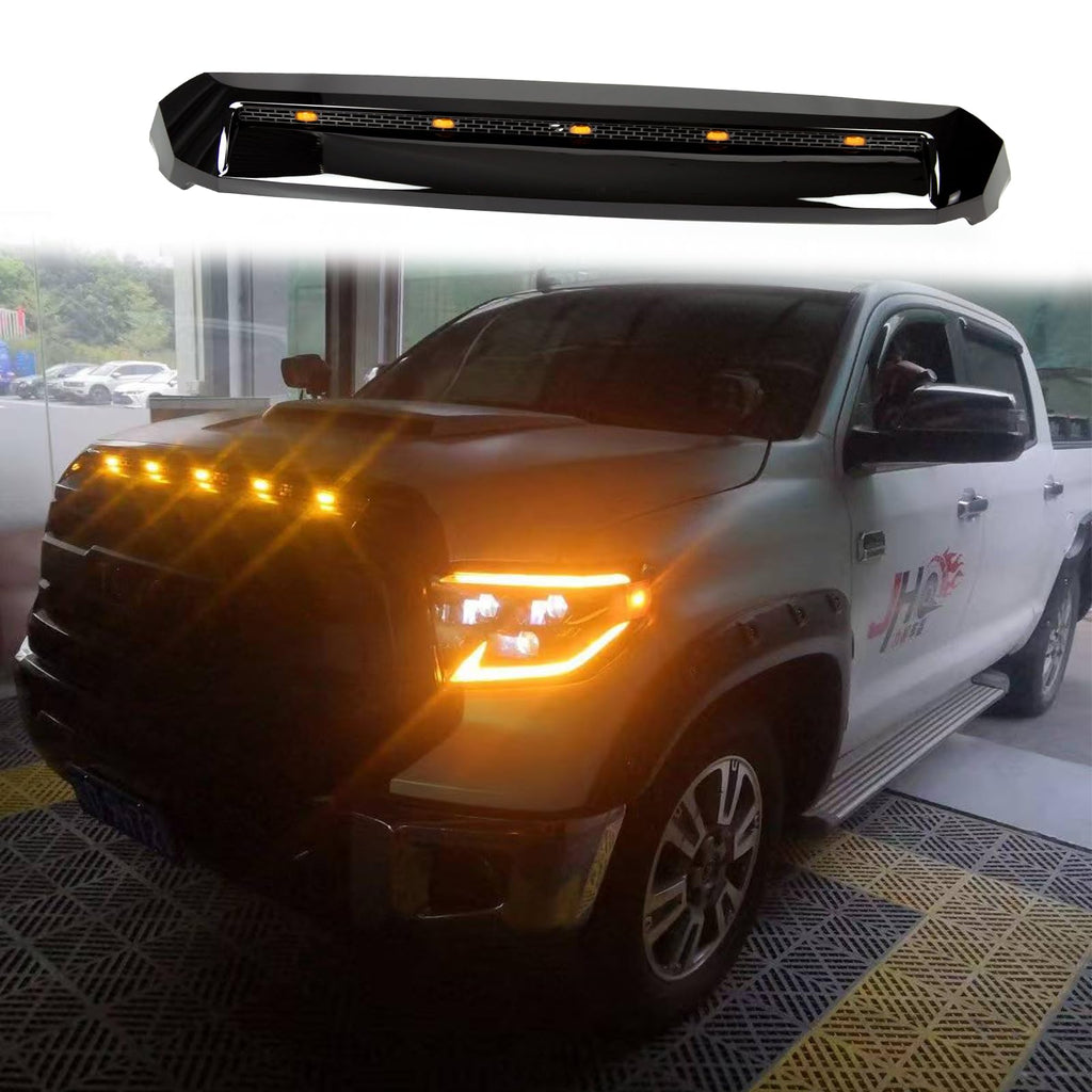 BUFEETERS  Front Upper Hood Scoop With Small Lights Fit For Toyota Tundra 2014 2015 2016 2017 2018 2019 2020 2021,Gloss Black