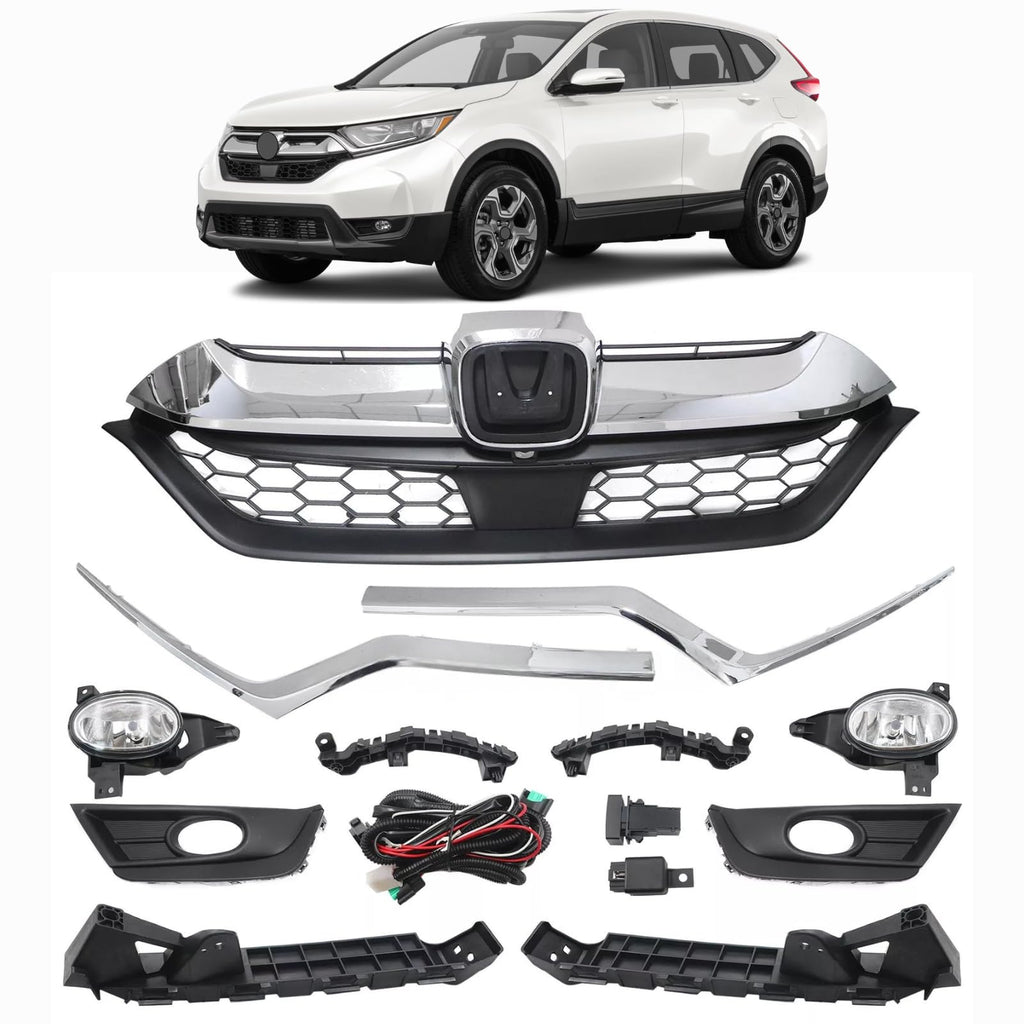BUFEETERS  Front Grille Fog Light Bracket Headlight Trim Set Fit For 2017 2018 2019 Honda CRV CR-V,Factory Style,Chrome&Black
